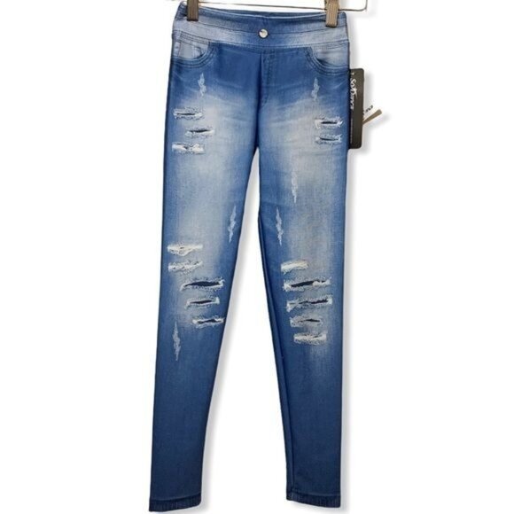 So Danca Denim Look Costume Dance Leggings Childs M 6-7 Stage Faux Distressing - Picture 1 of 9